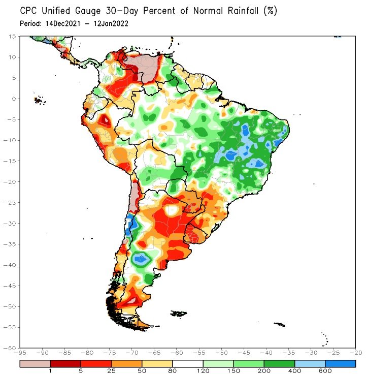 South American 30-day rainfall