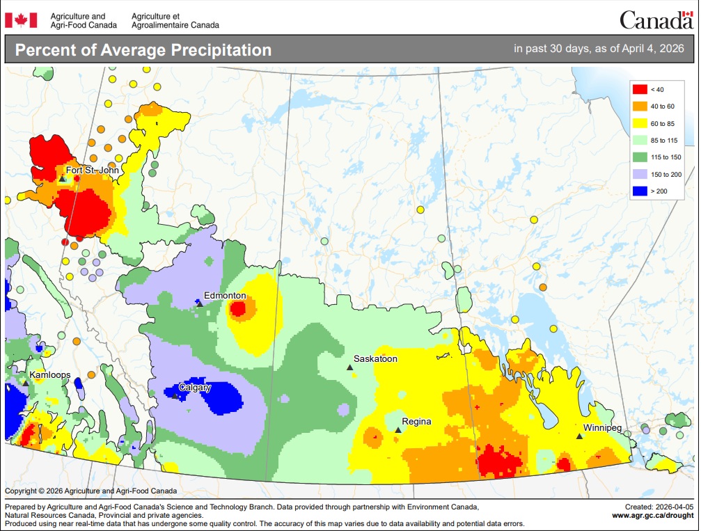 March percent of normal precip for Western Canada