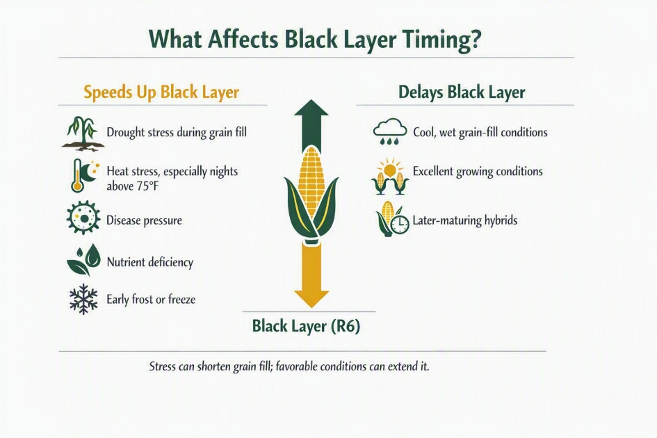Graphic showing conditions that speed up or delay black layer development in corn