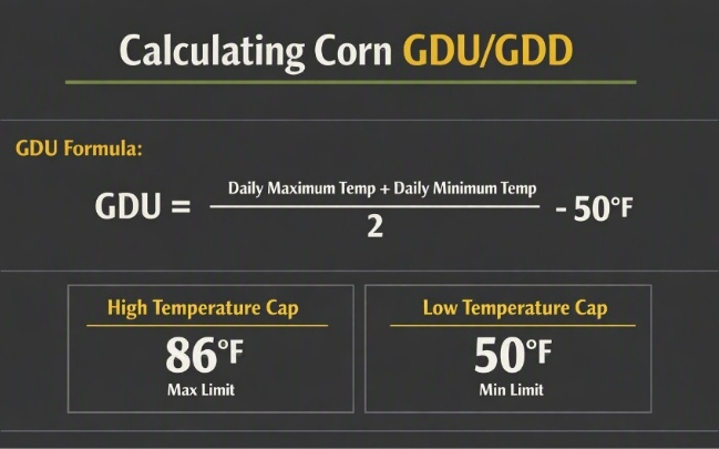 Graphic showing how to calculate corn growing degree units using daily maximum and minimum temperatures