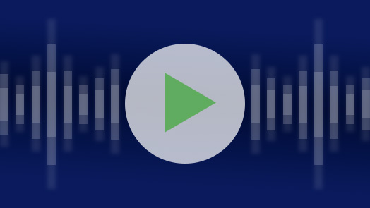 A graphic of light white sound waves against a blue background with a play button overlay.