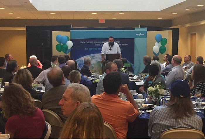 Brandon Dohman with Syngenta addresses the more than 100 attendees at the Syngenta Digital Innovation Lab grand opening on May 16, 2017, in Champaign, Illinois.