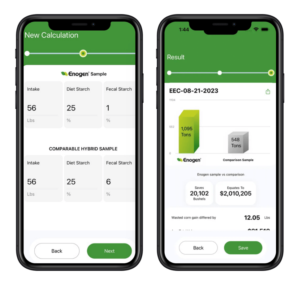 A phone screen showing the Enogen app and creating a new calculation between an Enogen sample and a comparable hybrid sample. Another phone screen displays the results, the Enogen sample outperforms the comparison sample by 547 tons, saving 20,102 bushels or $2,010,205
