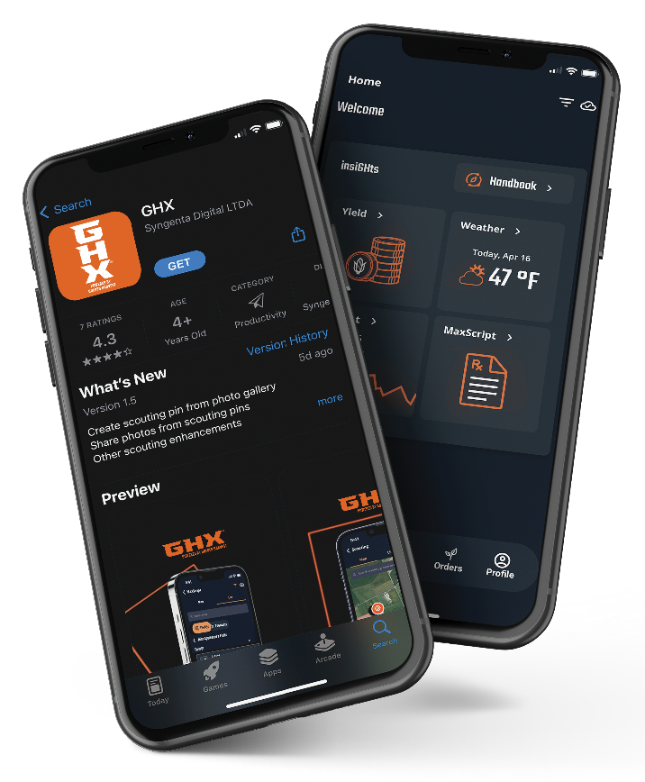 two phones showing the GHX app in the app store and home screen