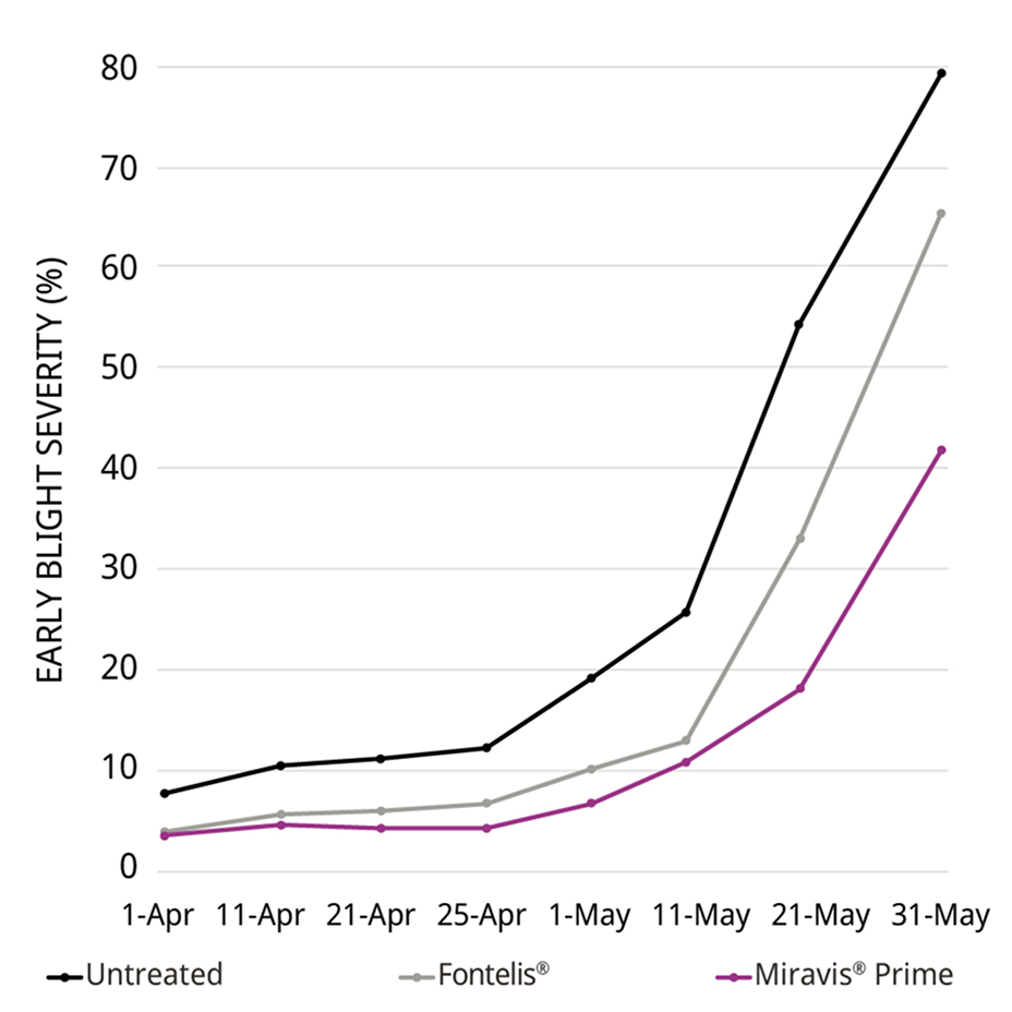 Miravis Prime controls early blight severity in tomatoes on a 10-day schedule